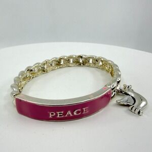 Silver-Tone Peace Bracelet Pink Enamel Bar Dove Charm Boho Stackable Jewelry